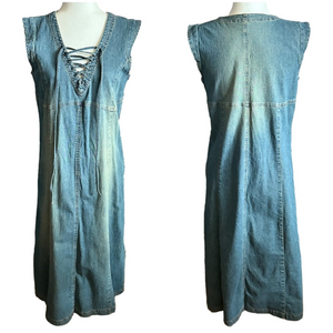 Monterre Blue Denim Midi Dress Lace Up Neckline Cap Sleeve Large Boho Western